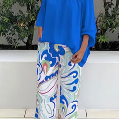 Solid Lantern Sleeve Top & Floral Print Pants Set