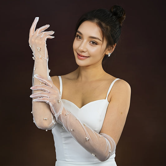 Classic Beaded Bridal Gloves with Arm Coverage