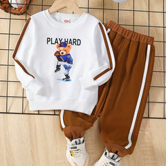 Boys Bear Print Sweatshirt & Pants Set for Spring/Autumn