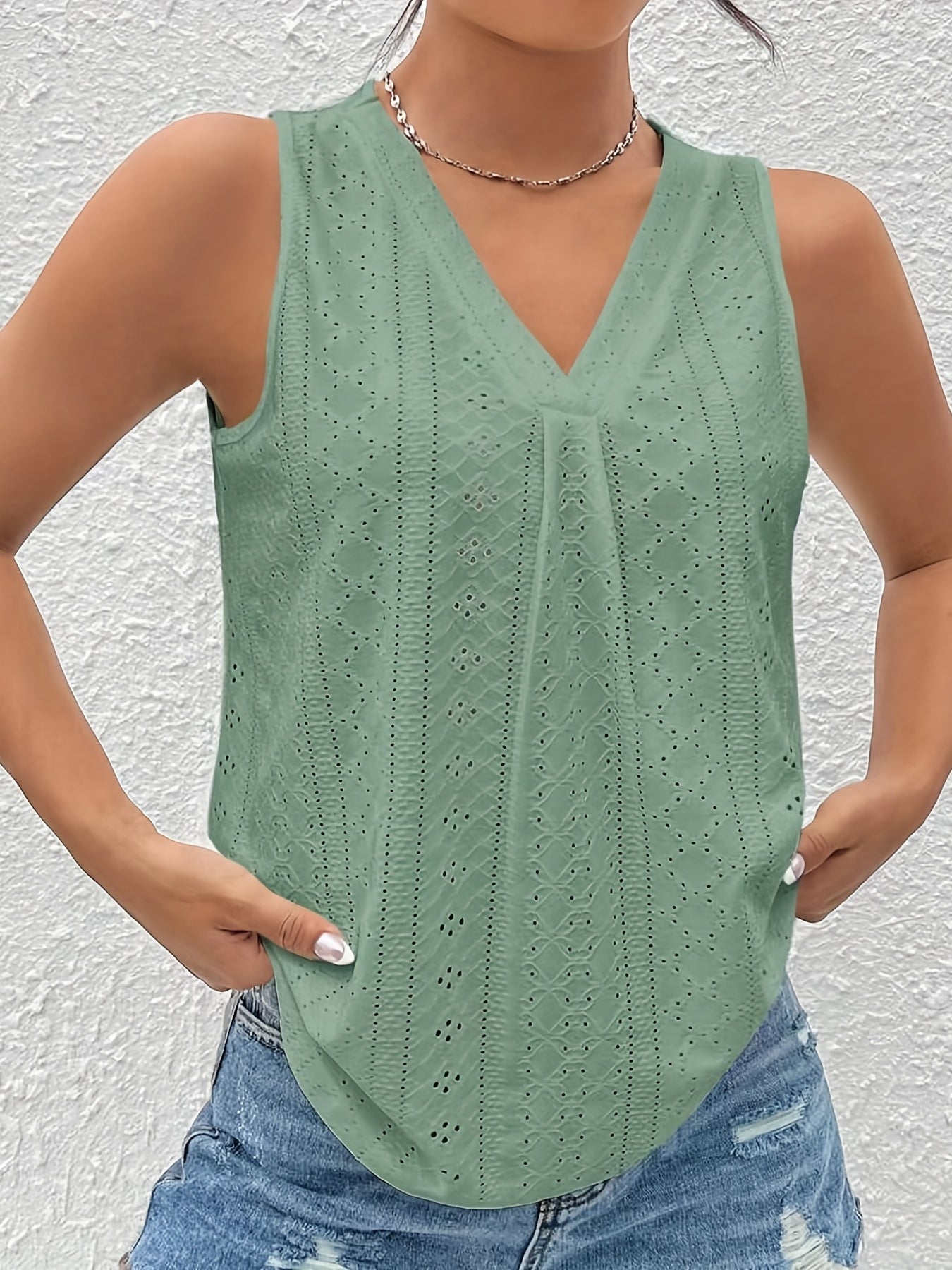 Eyelet V Neck Tank Top Casual Sleeveless Tank Top