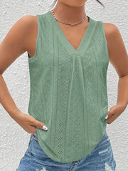 Eyelet V Neck Tank Top Casual Sleeveless Tank Top