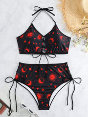 Gothic Bikini Set Sun & Moon Print Lace Up Halter Bra & Panty Swimsuit