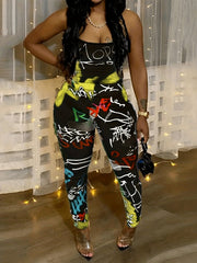 Casual Jumpsuit Women's Graffiti Print Round Neck Slim Fit C