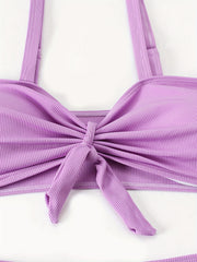 Vacay Bikini Set Solid Knot Front Ruffle Trim Bra & Panty Swimsuit