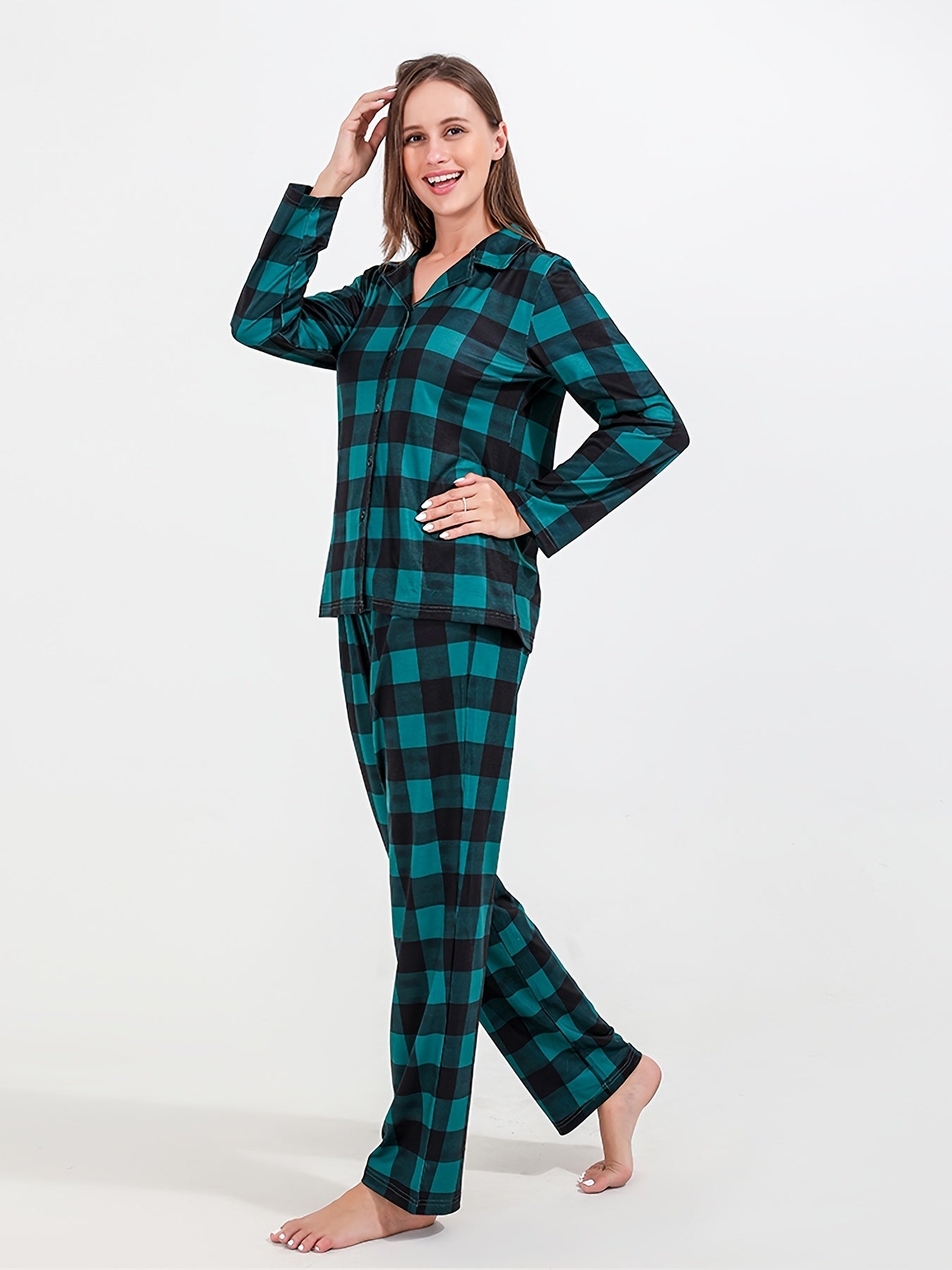 Plaid Christmas Pajama Set Long Sleeve Top & Pants Women's Sleepwear