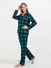 Plaid Christmas Pajama Set Long Sleeve Top & Pants Women's Sleepwear