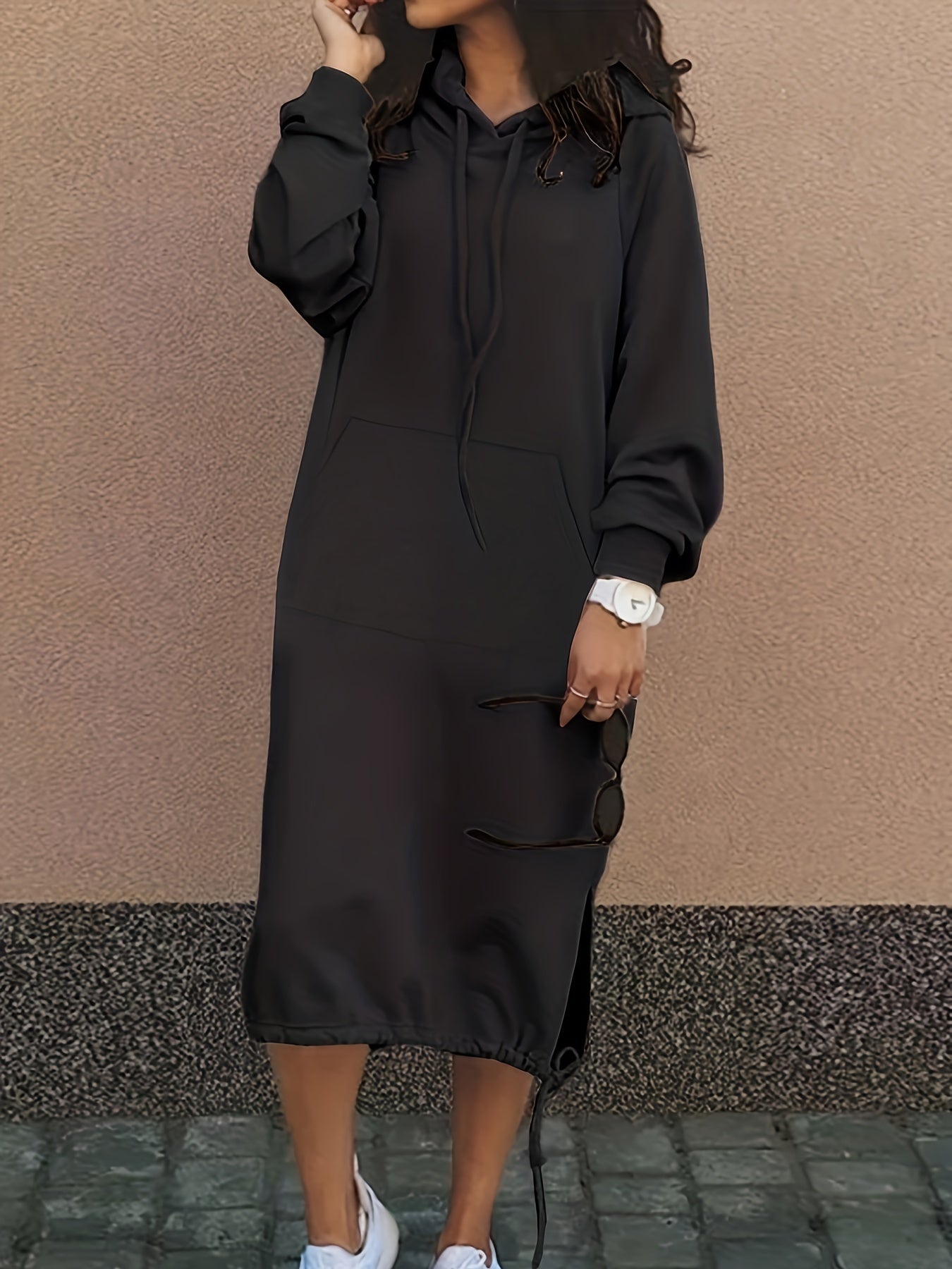 Long Sleeve Hooded Sweatshirt Dress With Pockets