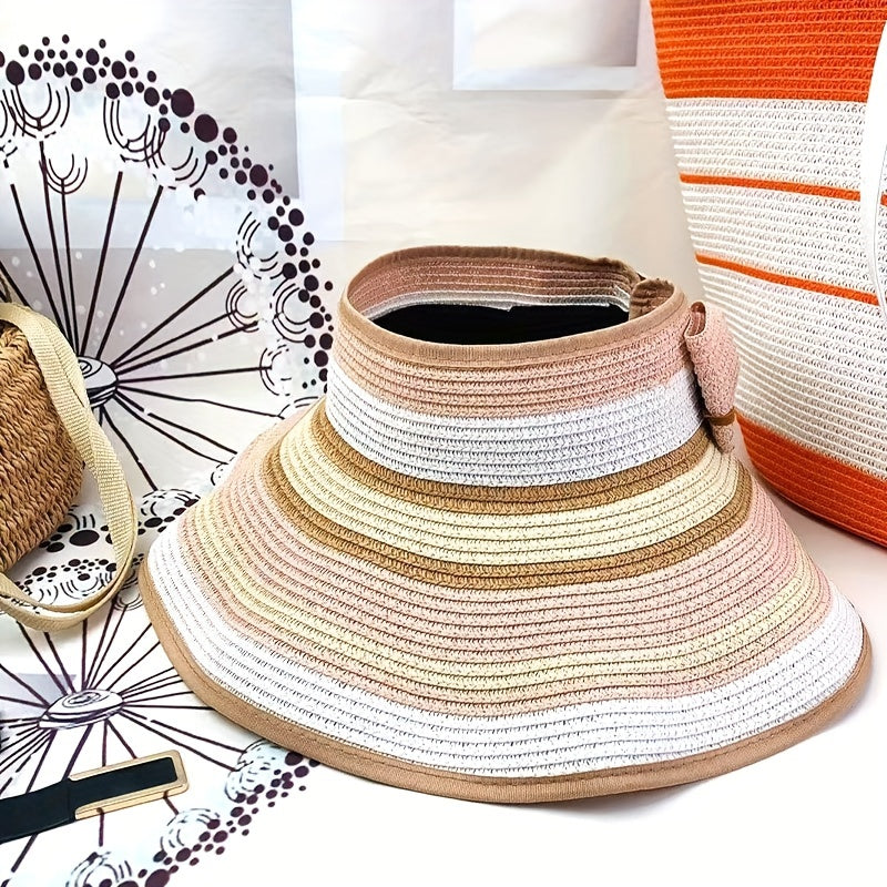 Wide Brim Visor Hat Striped Straw Sun Hat UV Protection Beach Hats