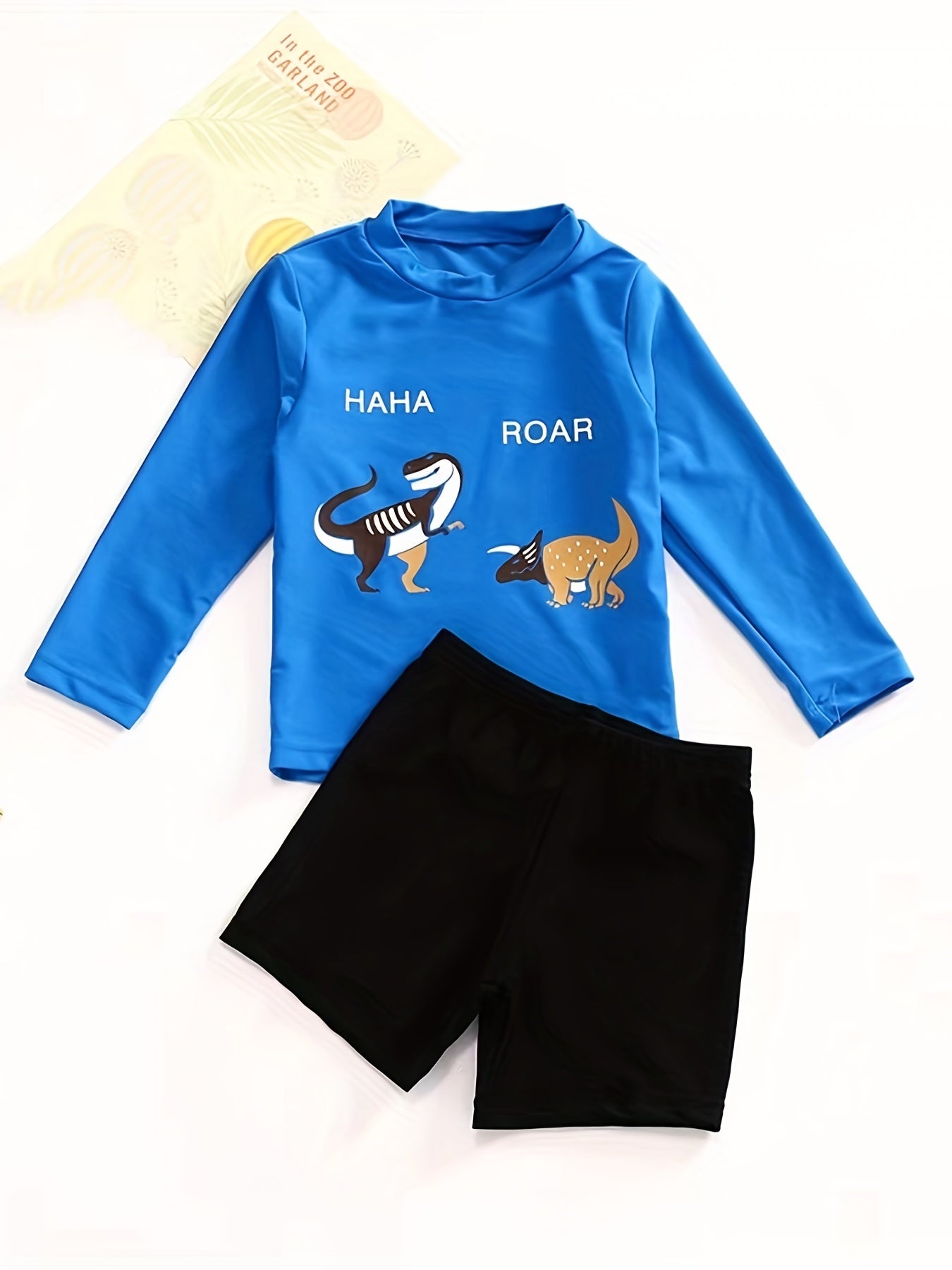 Dinosaur Print Swimsuit and Swim Cap Set for Boys