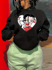 Cartoon Print Hoodie Drawstring Casual Hooded Sweatshirt