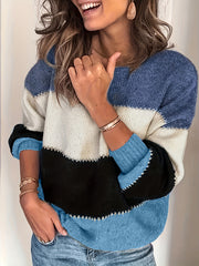 Colorblock Long Sleeve Round Neck Casual Sweater