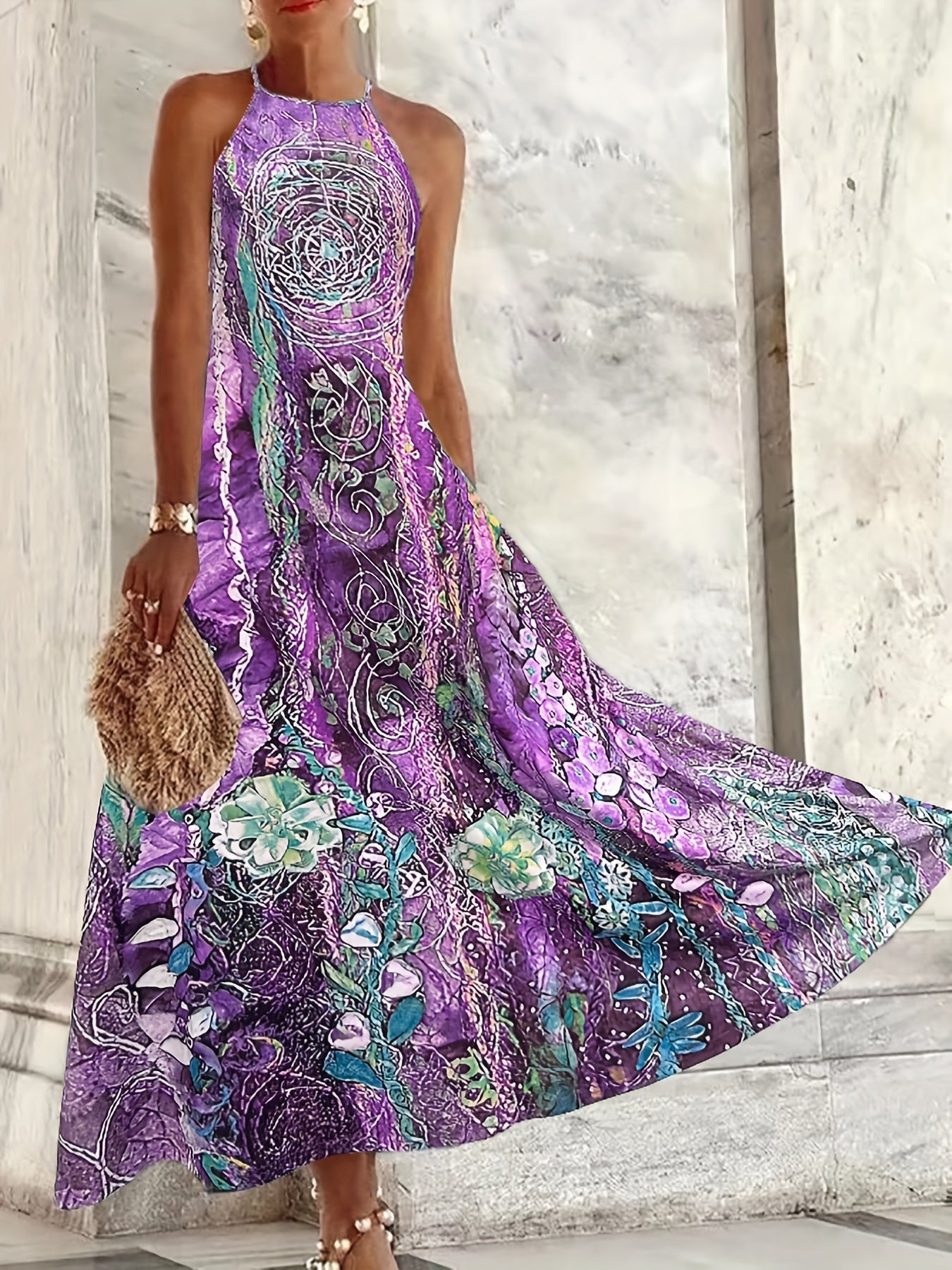 Floral Print Halter Maxi Dress Sleeveless Casual Dress