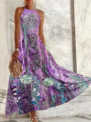 Floral Print Halter Maxi Dress Sleeveless Casual Dress