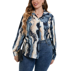 Marble Print Plus Size Shirt Women's Turn Down Collar Long Sleeve Blouse