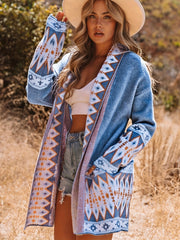 Geometric Print Long Sleeve Cardigan with Pockets
