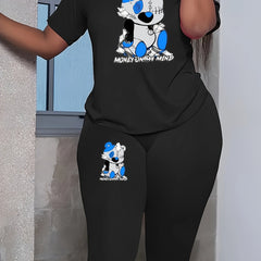 Women's Plus Bear & Letter Print Top & Leggings Outfits 2 Piece Set