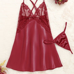 Lace Satin Slip Nightdress V Neck Criss Cross Back Sleep Dress