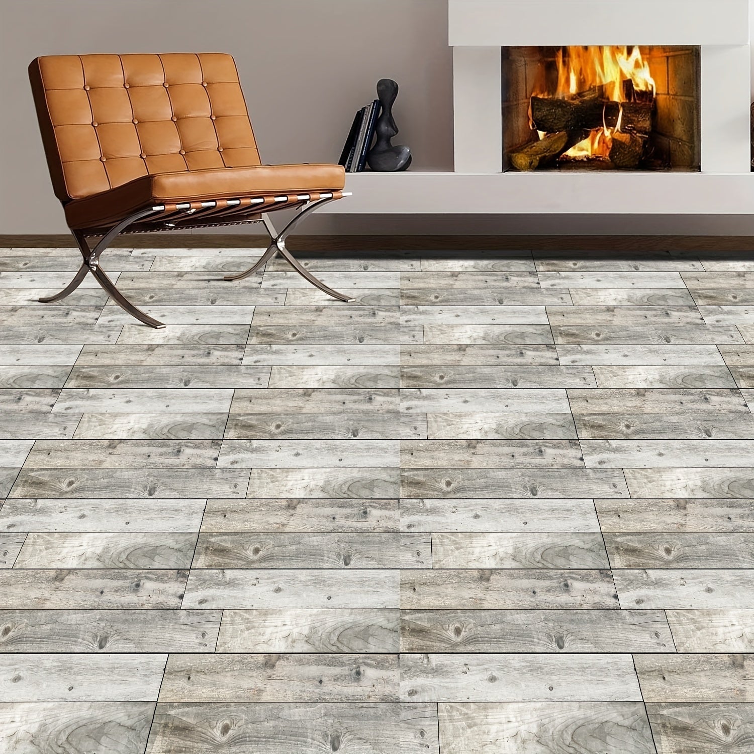 Grey Wood Floor Strips 10pcs Waterproof 15x24cm Coverings for Bathroom Kitchen