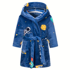 Kids Astronaut Planet Flannel Bathrobe Soft Hoodie Robes