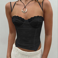 Lace Zipper Bustier Cami Top Y2K Sweetheart Neck Spaghetti Strap