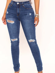 Ripped Holes Skinny Jeans Slim Fit Mid Stretch Versatile Denim Pants