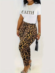 Women's Plus Leopard Letter Print Top & Leggings Set
