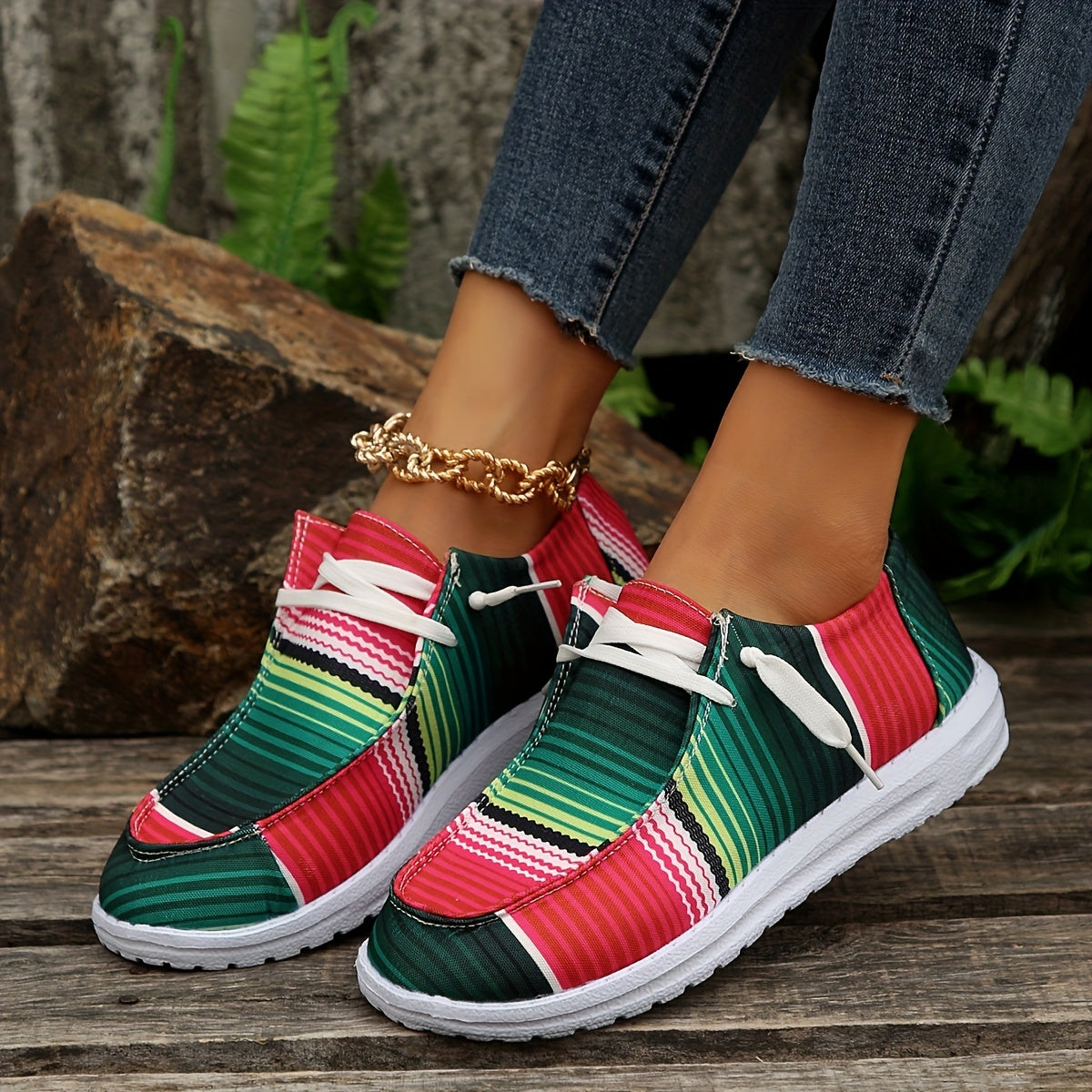 Women's Striped Canvas Shoes Round Toe Slip On Loafers Lightweight Flats