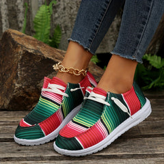 Women's Striped Canvas Shoes Round Toe Slip On Loafers Lightweight Flats