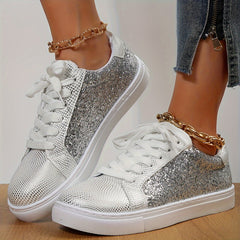Glitter Reflective Faux Leather Skate Shoes Wear-Resistant Non Slip Sneakers