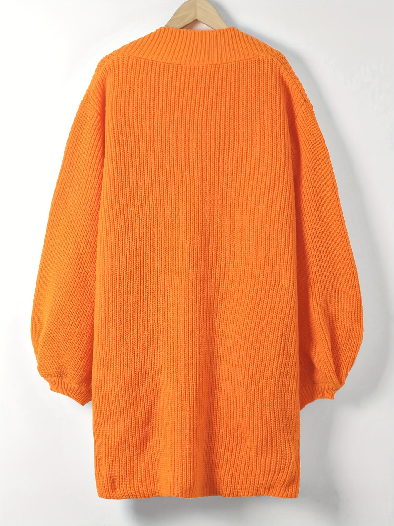 Solid Lantern Sleeve Open Front Cardigan With Pockets