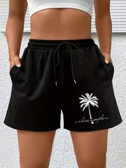 Coconut Tree Print High Rise Plus Size Sports Shorts