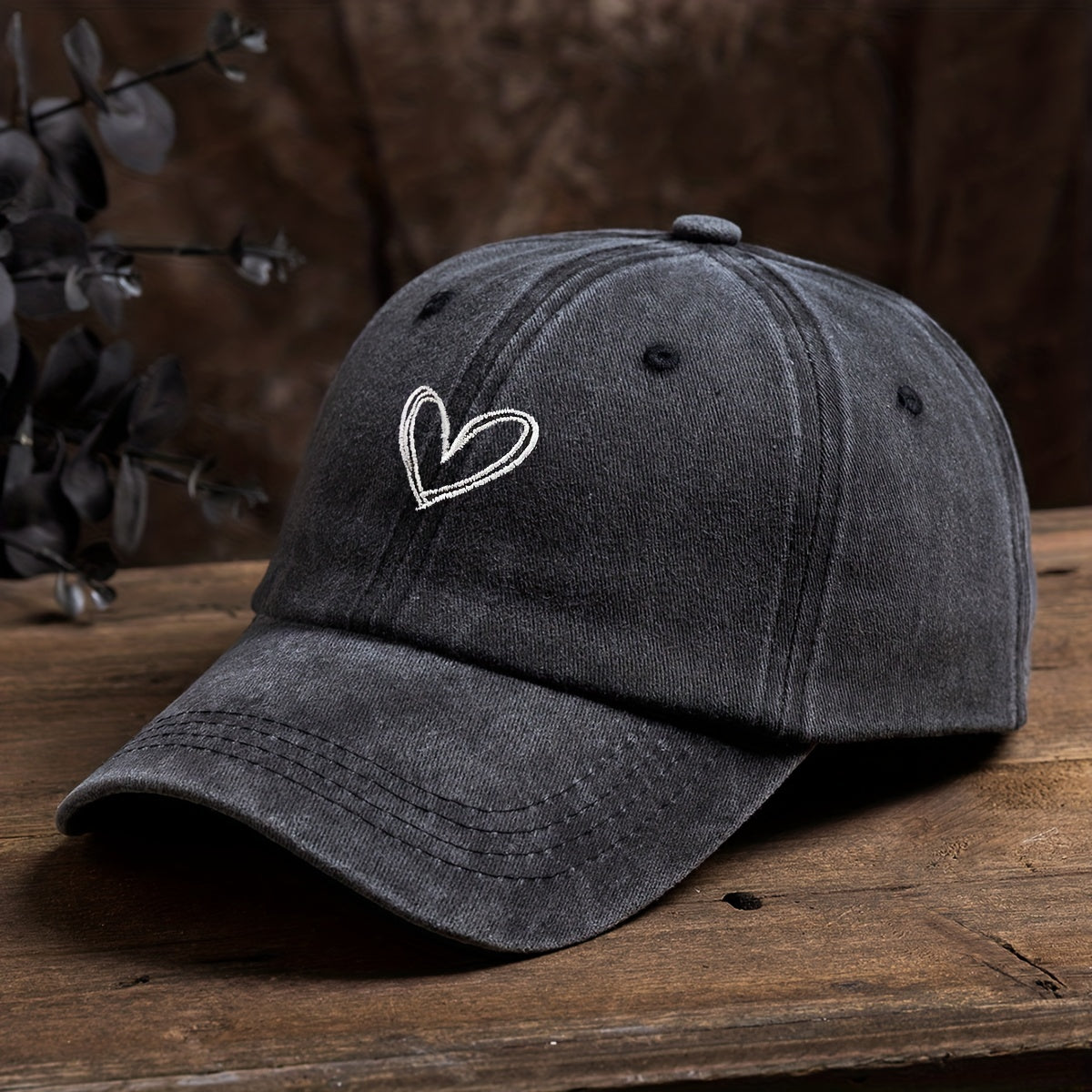Washed Denim Heart Embroidery Baseball Cap