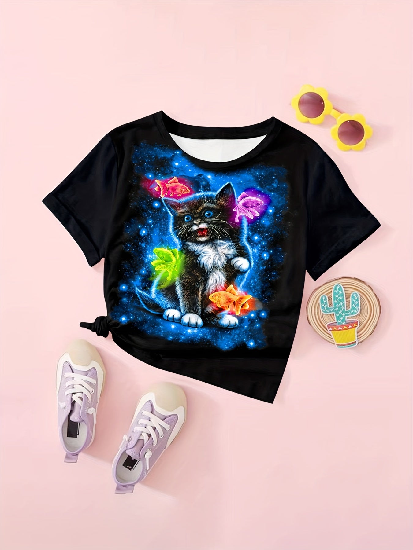 3D Kitty Print Short Sleeve T shirt Girls Comfy Pullover
