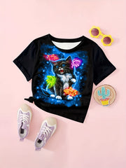 3D Kitty Print Short Sleeve T shirt Girls Comfy Pullover