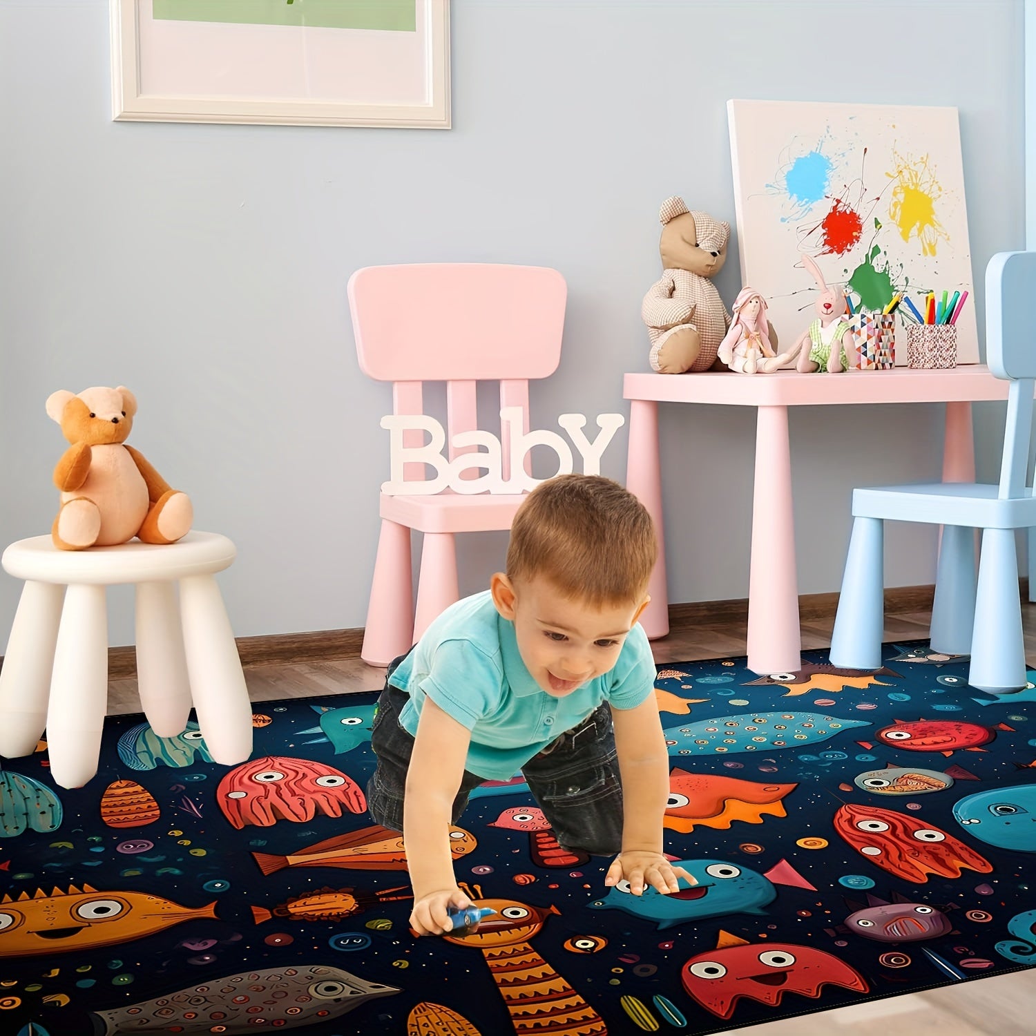 Ocean Themed Non Slip Rug Soft Washable Colorful for Kids Bedroom