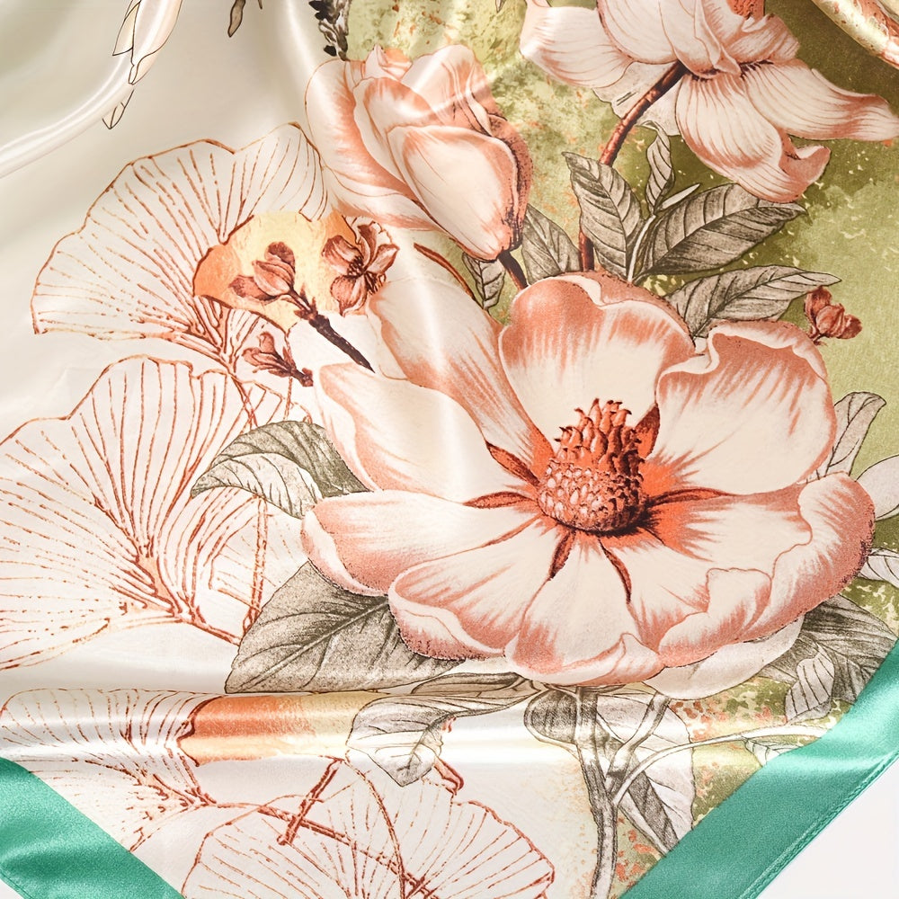 Classic Flower Print Satin Bandana Shawl Silk Square Scarf