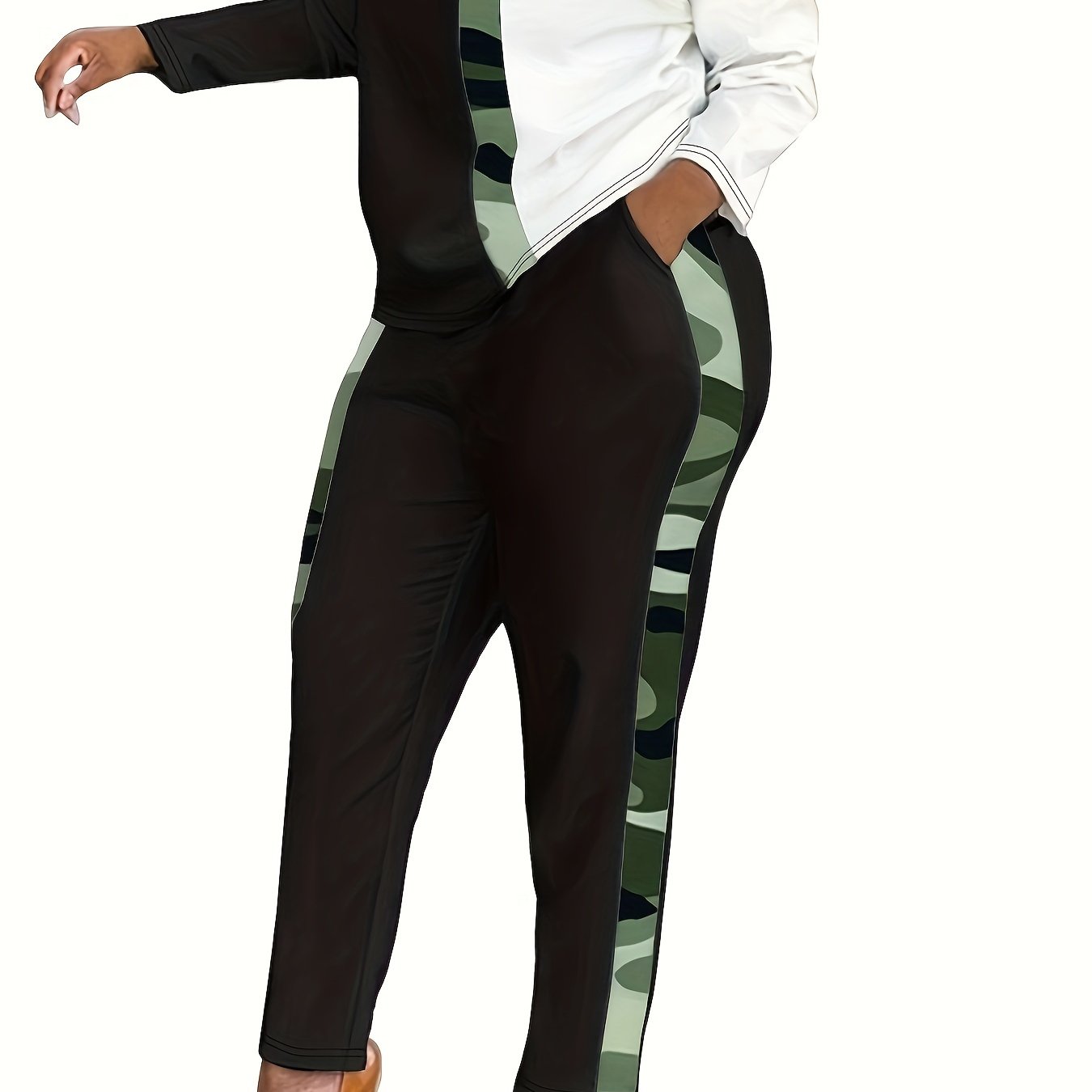 Colorblock Camo Print Top & Pants Set