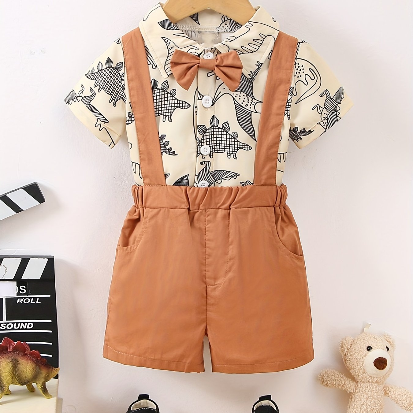 Baby Boys Preppy Style Outfit Graphic Shirt & Suspender Shorts