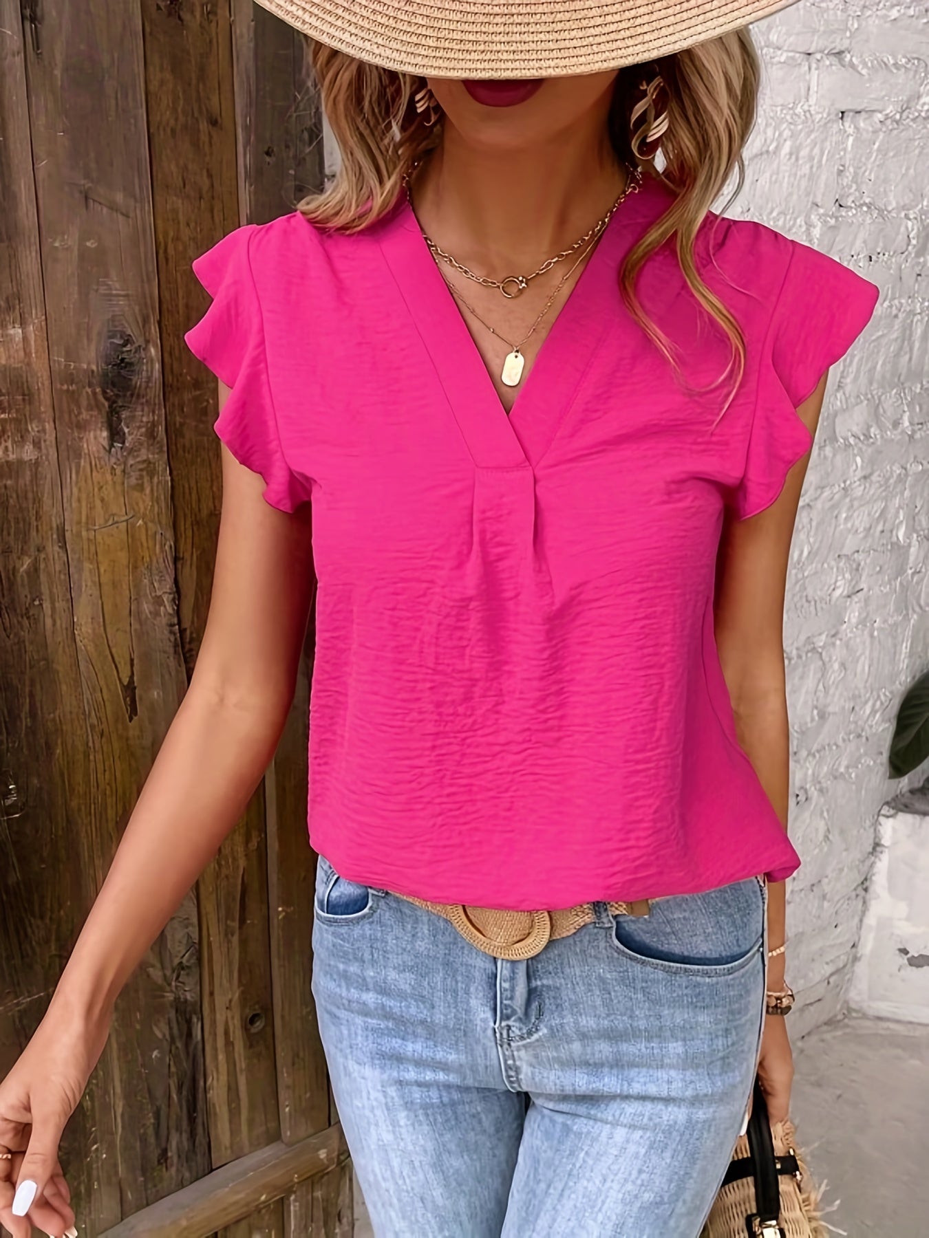 Ruffle Trim V-Neck Blouse for Women