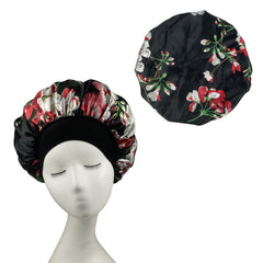 Flower Print Wide Brim Bonnet Satin Cap For Women