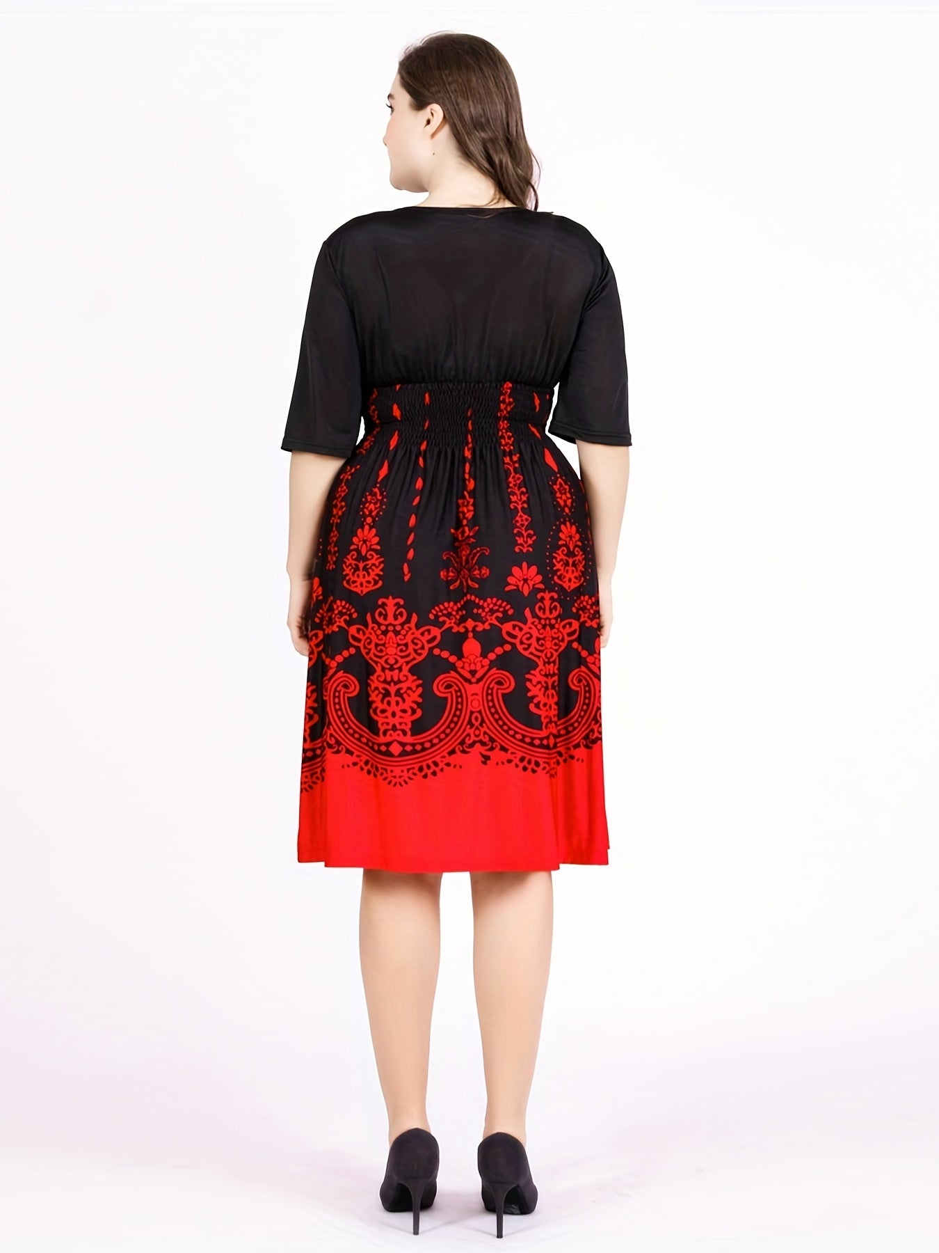 Damask Print Half Sleeve V-Neck Midi Dress