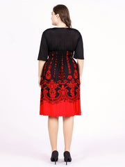 Damask Print Half Sleeve V-Neck Midi Dress
