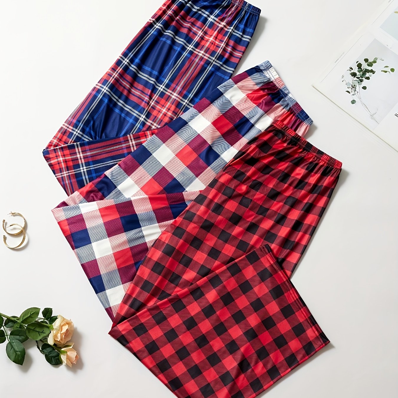 3 Pack Plus Size Casual Lounge Pants Set Women's Plus Soft Plaid Print