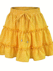 Boho Floral Print Tiered Skirt High Waist A-Line Summer Beach Skirt