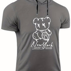 Men's Bear Graphic Hooded T shirt BEAR PRINT Casual Slightly Stretch Tee