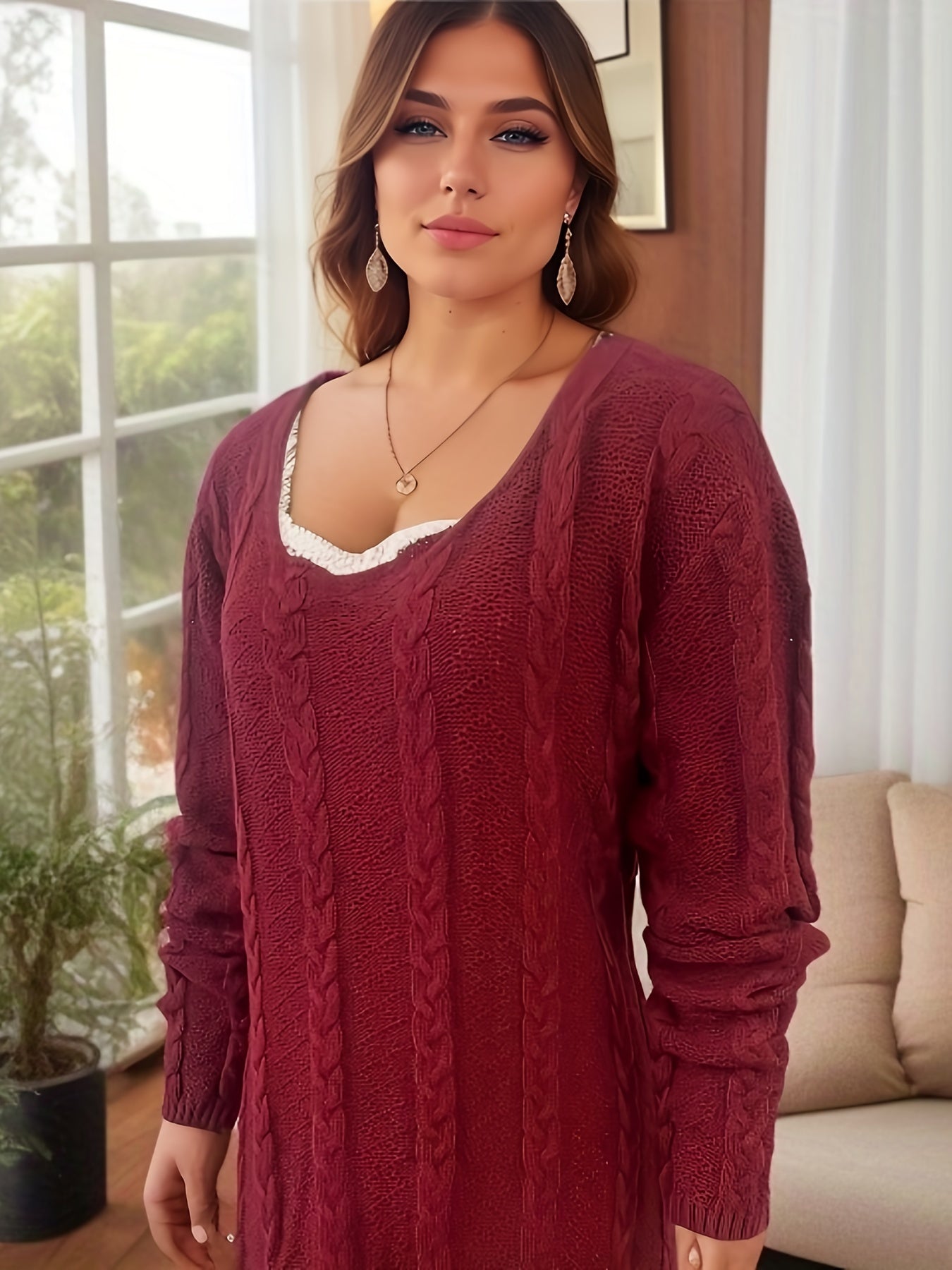 Casual Sweater Dress Women's Plus Solid Jacquard Long Sleeve