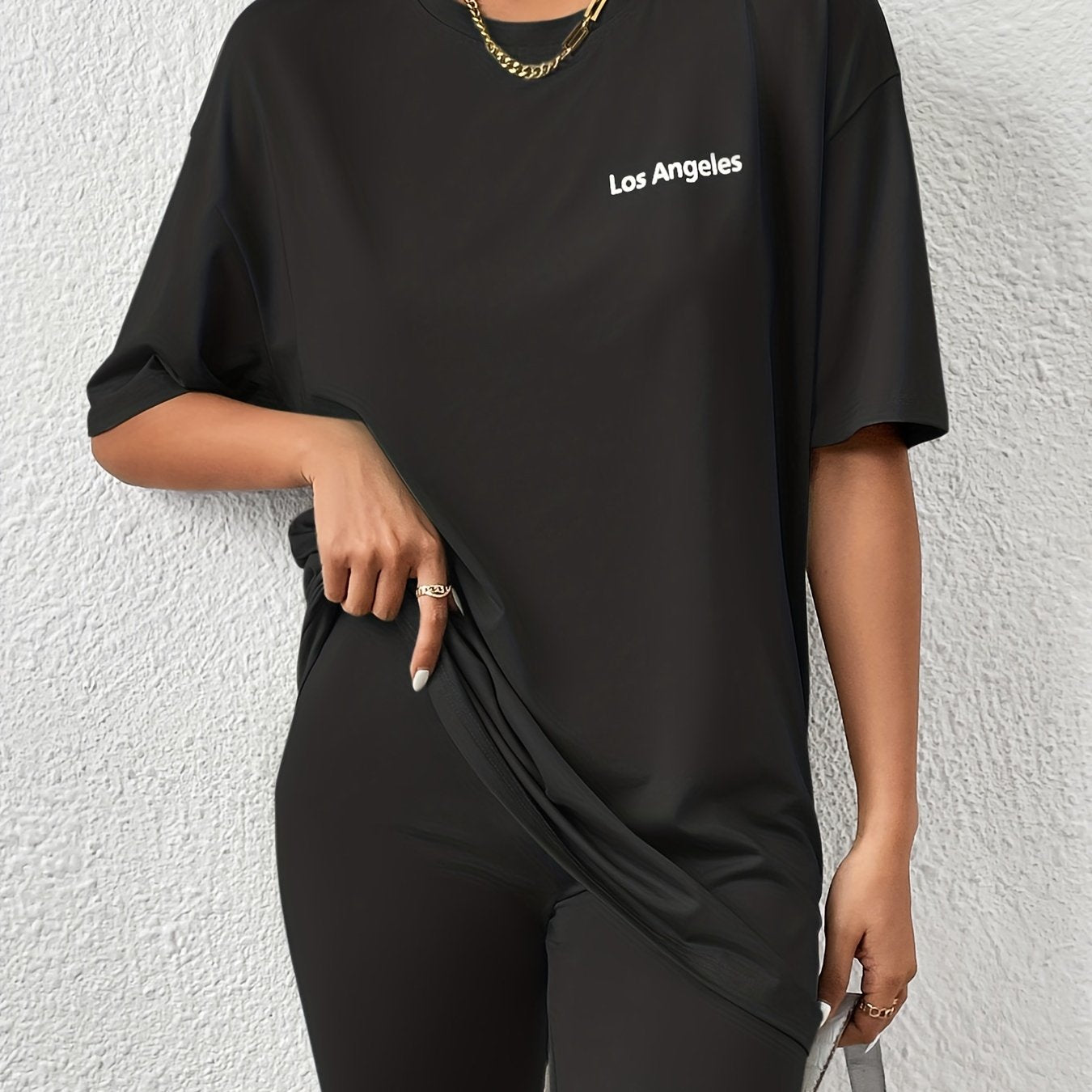 Letter Print Matching Two piece Set Casual Short Sleeve T shirt & Biker Shorts
