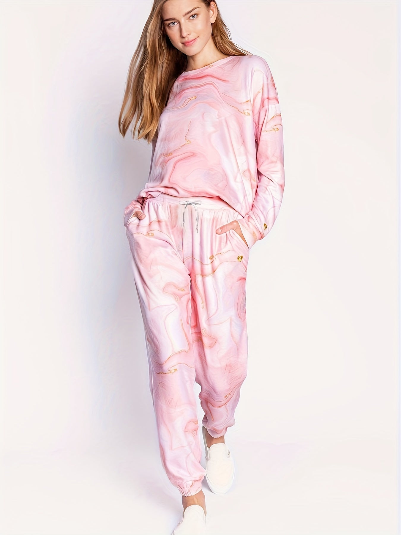 Ombre Marble Print Pajama Set Long Sleeve Top & Jogger Pants