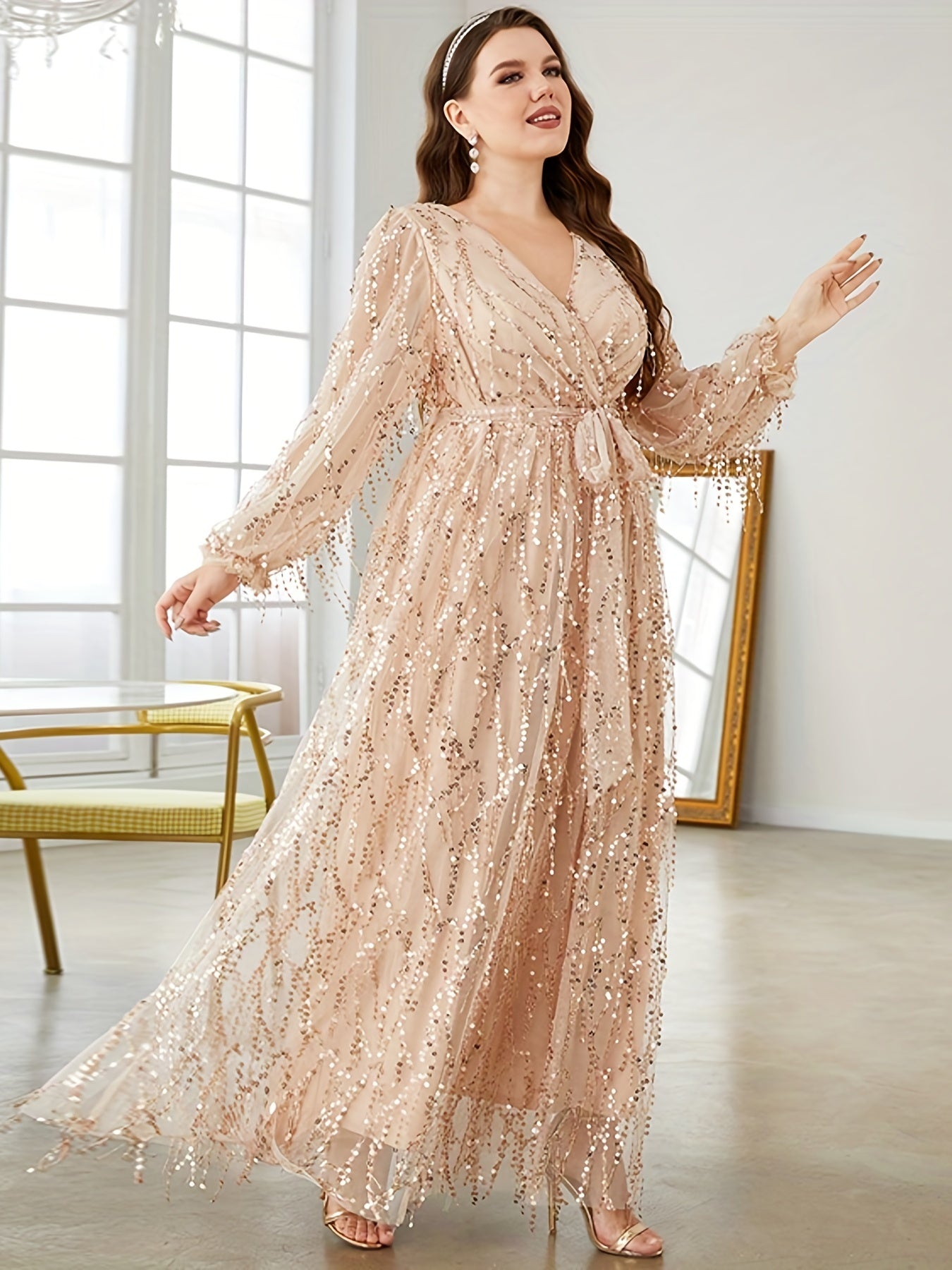 Sequin Fringe Lantern Sleeve Maxi Dress
