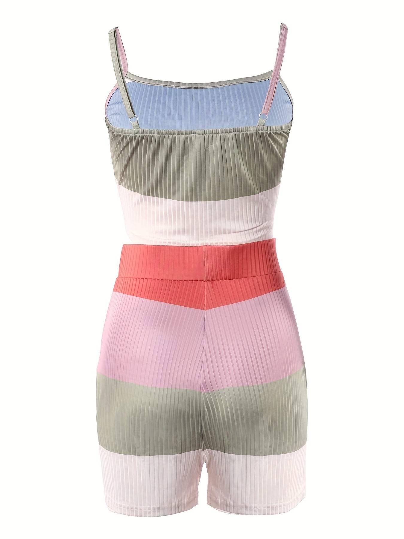 Casual Block Two piece Set Sleeveless Coat Cami Top Drawstring Shorts
